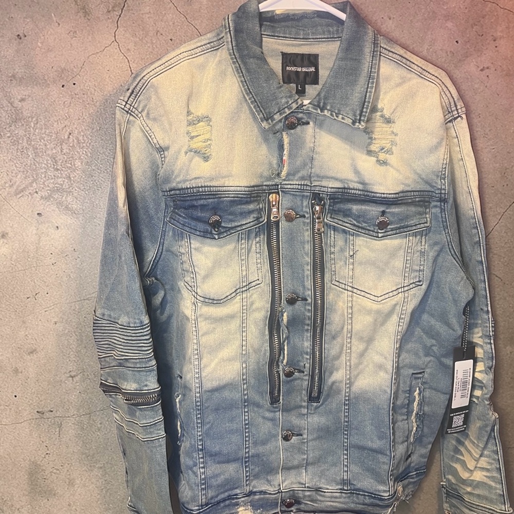 Bershka Light Blue Distressed Denim Jacket with Zip Front